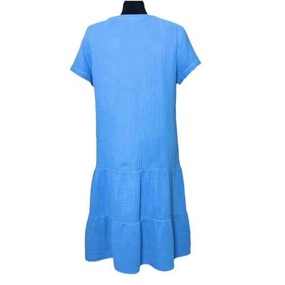 J Jill Ice Blue Small Tier Gauze Drop Waist Dress Button Midi Lagenlook Cottage - Picture 4 of 8